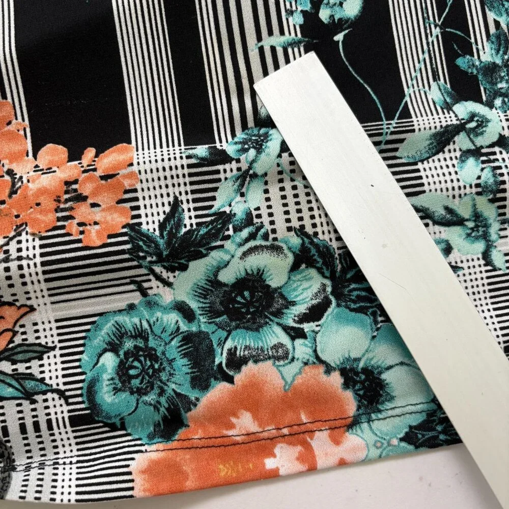 Chicos Top Womens 3 US XL Orange Blue Floral Striped 3/4 Sleeve V Neck Blouse